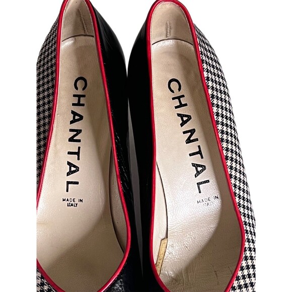 Vintage Chantal Italian Half Houndstooth Half Black Leather 3 Heels Red Trim 8.5 - Picture 9 of 10